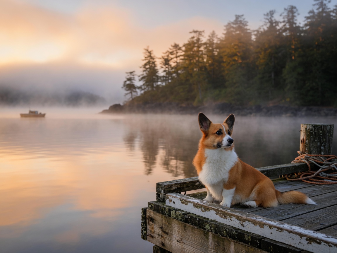 A Pembroke Welsh Corgi sitting on a weathered dock above a foggy harbor at sunrise