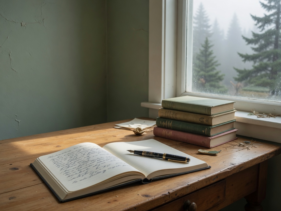A wooden writing desk, an open notebook, and a fountain pen beside a window of foggy evergreens
